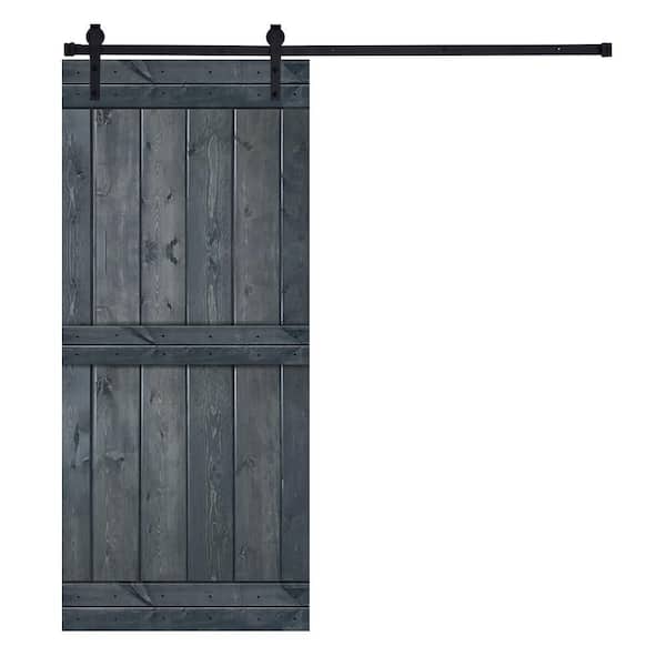 AIOPOP HOME Mid-Bar Series 38 in. x 84 in. Gray Knotty Pine Wood DIY Sliding Barn Door with Hardware Kit