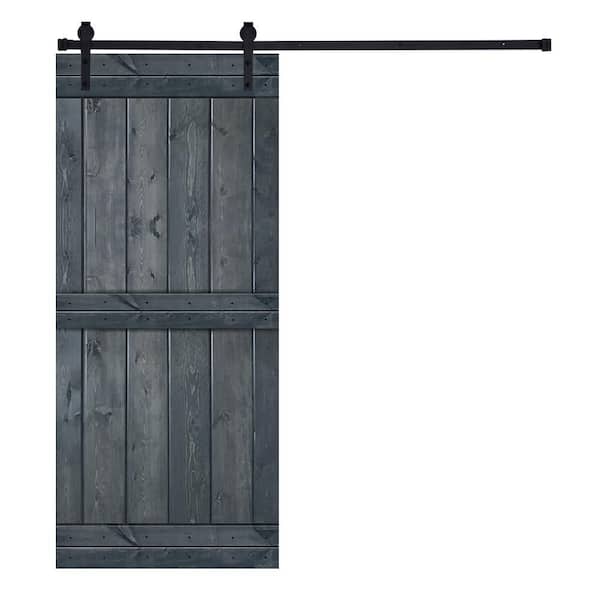 AIOPOP HOME Mid-Bar Series 30 in. x 84 in. Gray Stained Knotty Pine Wood DIY Sliding Barn Door with Hardware Kit