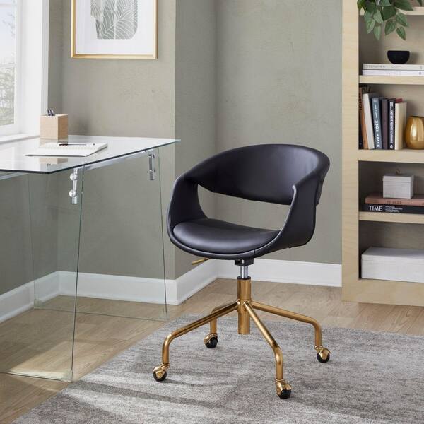 Task Chair in Gold Metal and Black Faux Leather