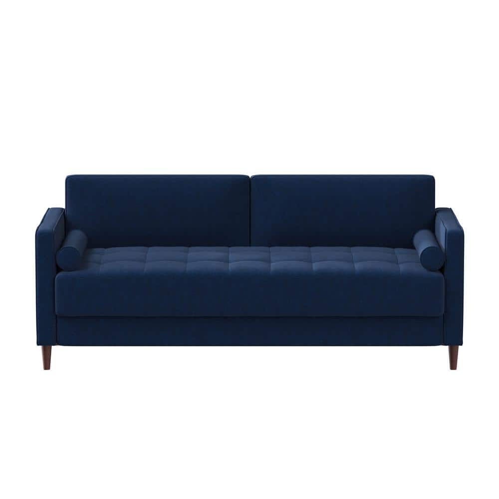 Mid-Century Modern Navy Blue Tufted Microfiber Sofa with Wood Legs