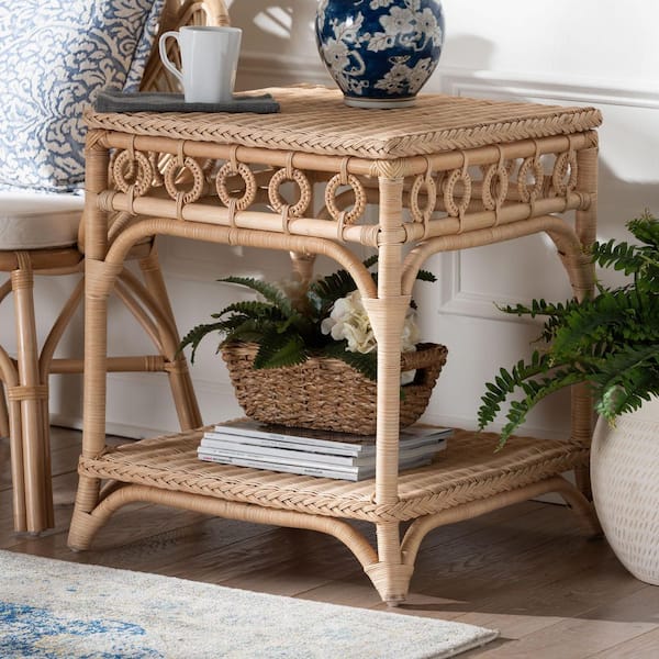 Oxford 23.6 in. Natural Brown Square Rattan Wicker End Table