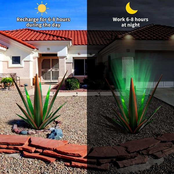 Large Green-L Solar Light Rustic Agave Sculpture-Hand Painted