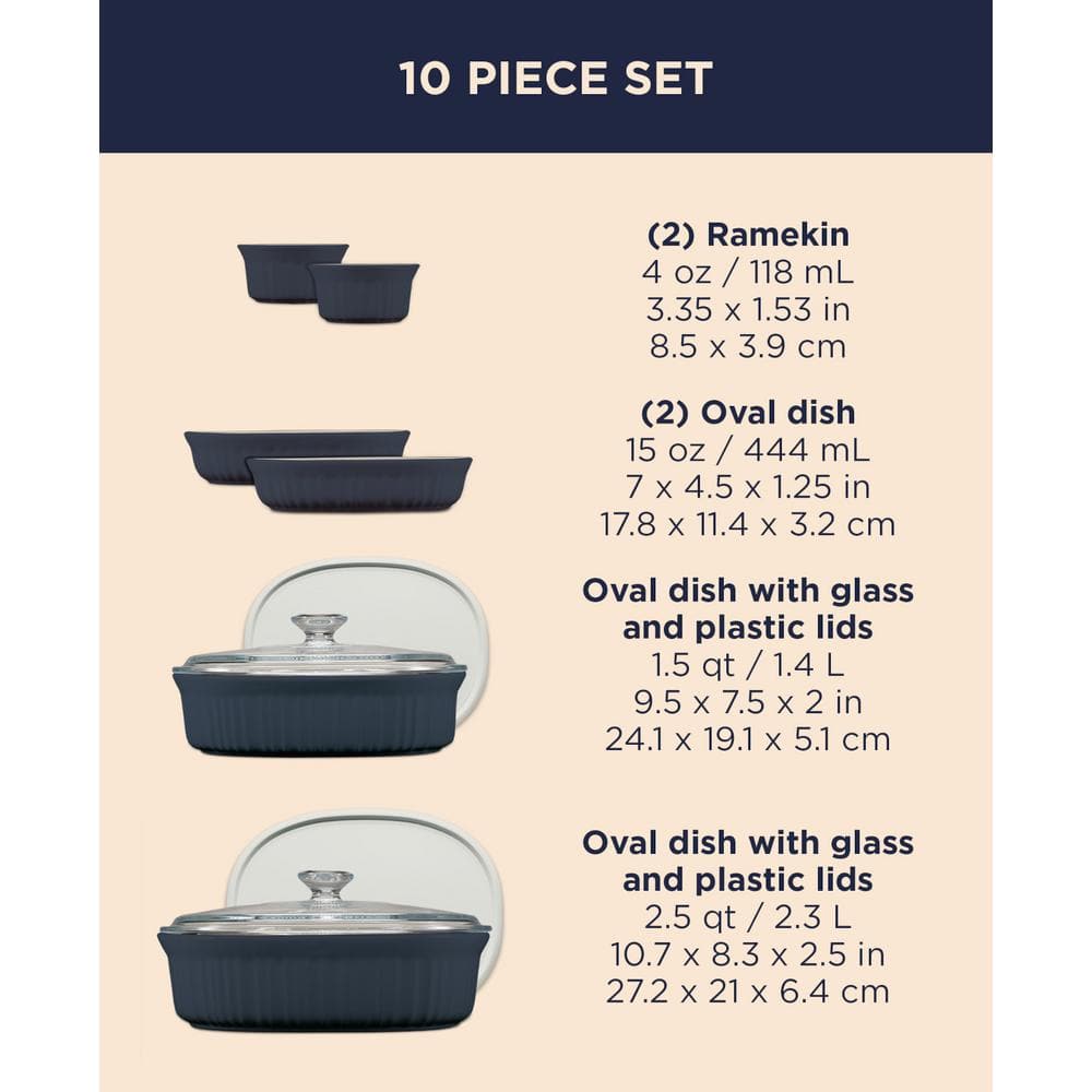 Navy 10-Piece Ridged Ceramic Oval Baker Dish Set