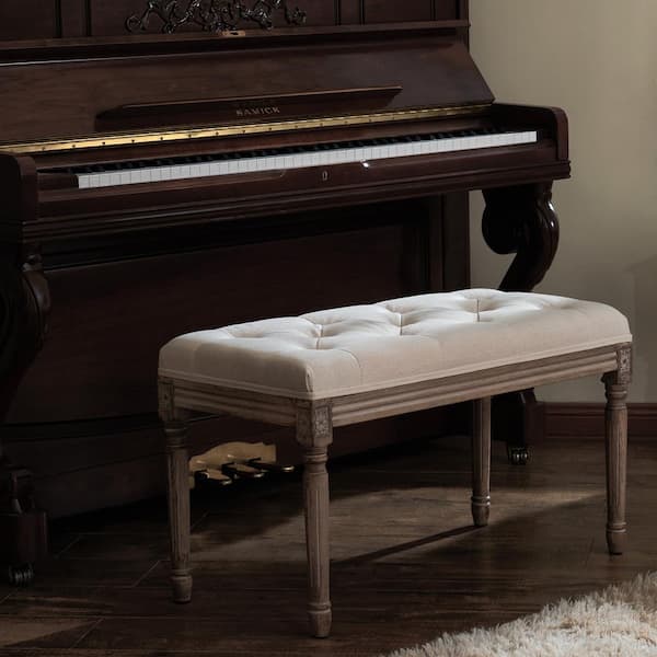 Wood French Vintage Upholstered Bench with Carved Solid Wood Frame (18.5 in. H x 31.5 in. W x 16.6 in. D)