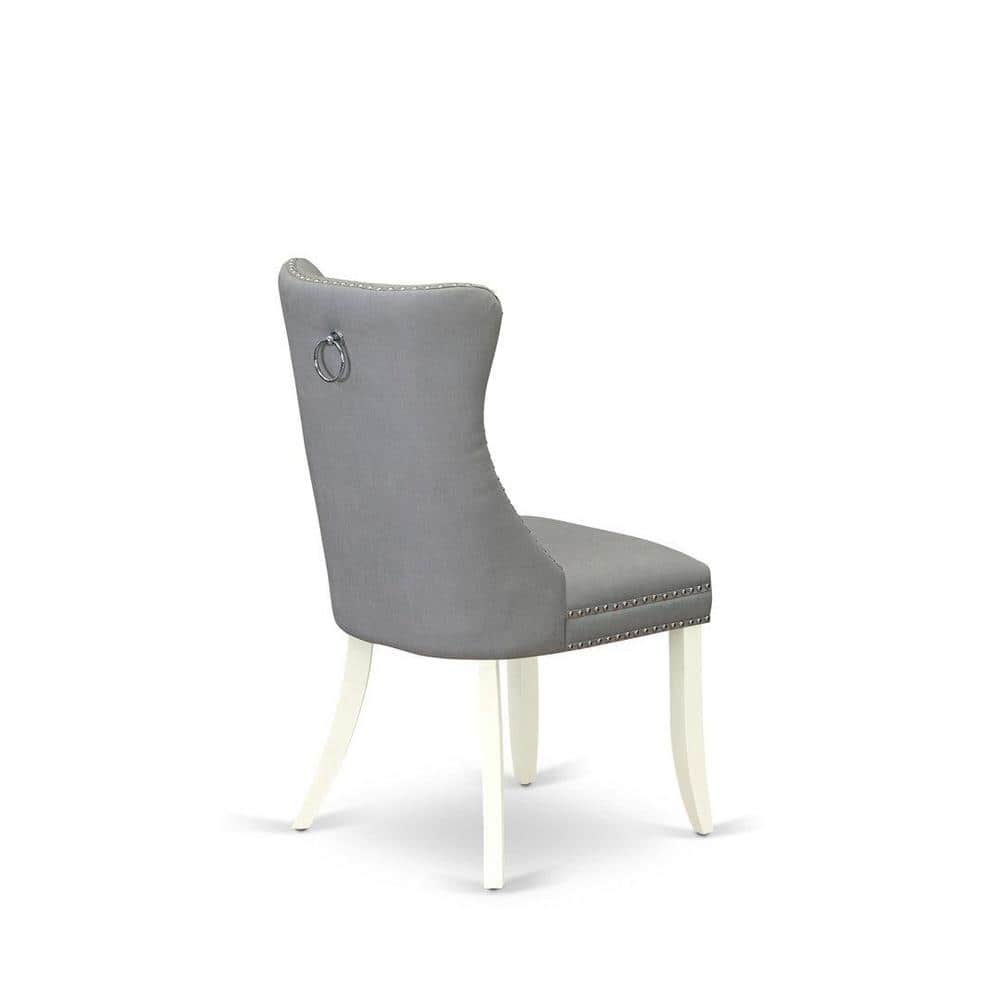 Linen White Round Pedestal Dining Table with 4 Gray Upholstered Parson Chairs