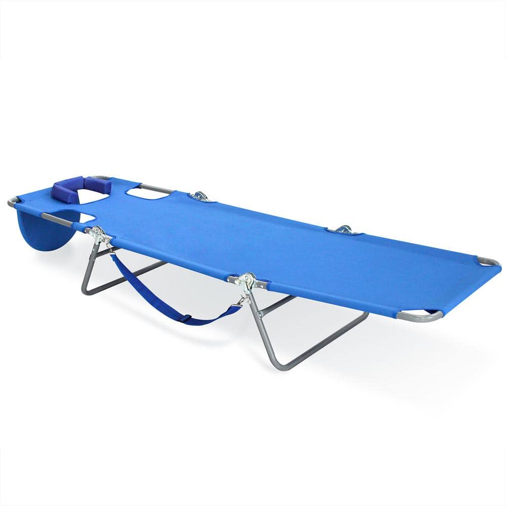 Modern Silver Metal Outdoor Chaise Lounge with Blue Cushions