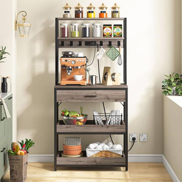 Gray 5+Shelf Metal 31.5 in. W Baker's Rack with Power and USB Outlets, Microwave Oven Stand with Drawer Sliding Shelves