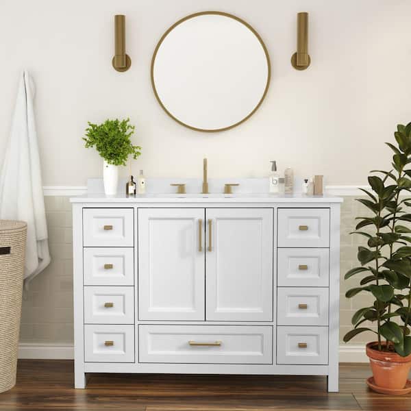 Carnegy Avenue Vega 48 in. W x 19. in. D x 37.75 in. H Freestanding Bathroom Vanity in White with White Carrara Marble Finish Stone Top