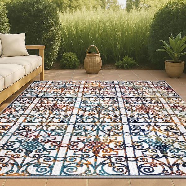 Cetara Ornate Cream/Blue/Orange 5 ft. x 8 ft. Trellis Indoor/Outdoor Area Rug