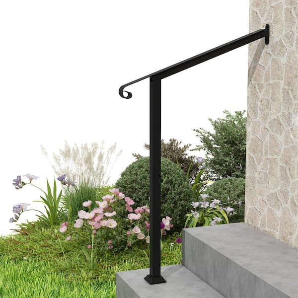 39.4 in. H x 2.6 ft. W Black Iron Single Post Handrail Railing Kit Fits 1 or 2 Steps Outdoor Stair Railing, Black