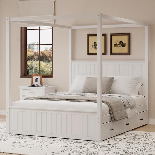 White Wood Frame Queen Canopy Bed with Trundle and 3-Storage Drawers