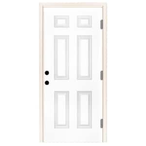 32 in. x 80 in. Element Series 6-Panel White Primed Steel Prehung Front Door with Left-Hand Outswing w/ 6-9/16 in. Frame
