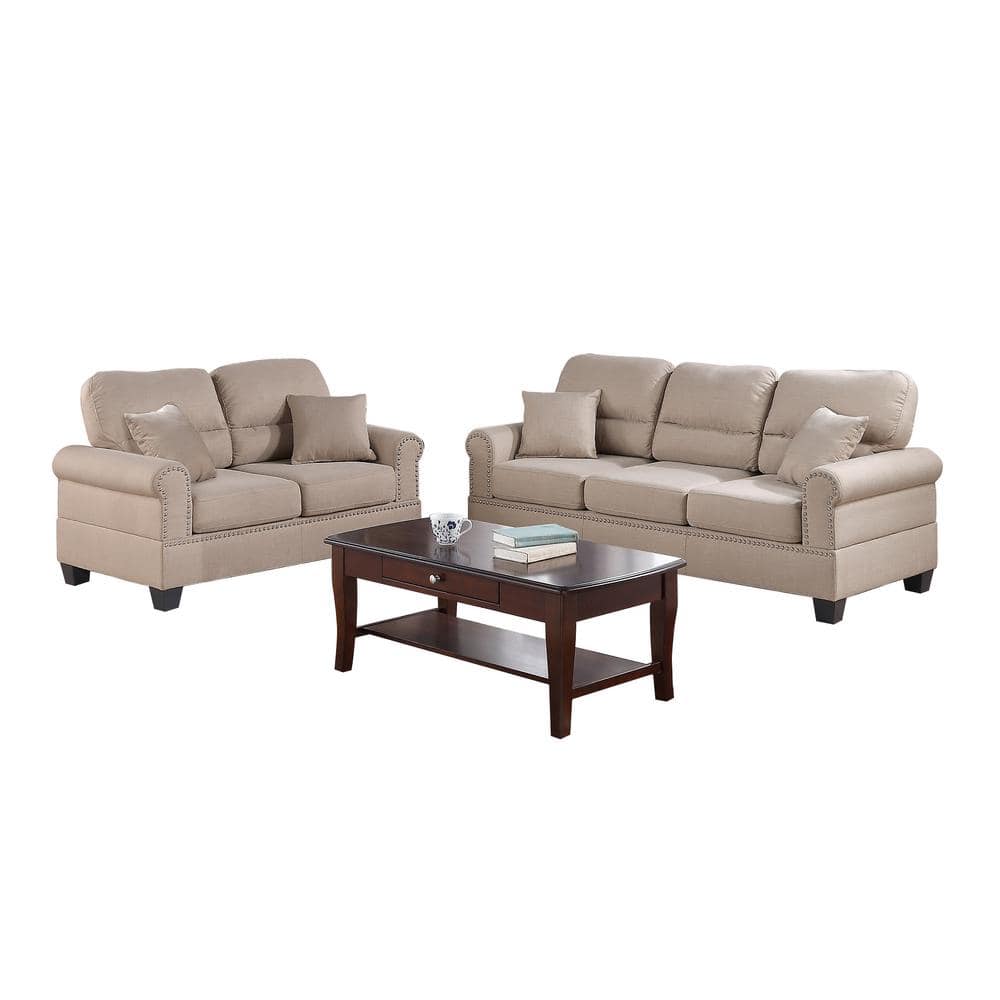 SIMPLE RELAX Bobkona 115 in. 2-Piece Round Arm Straight Fabric Straight Sofa Set in Beige, Brown -  SR017879