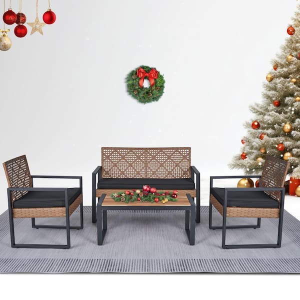 AUTMOON Patio Furniture Set for 4, Rattan Outdoor Conversation Set with Wood Table, Brown PE Wicker Porch Sofa Set with Cushions