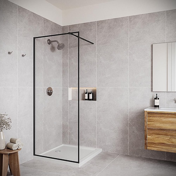 Crati 34 in. x 76 in. Framed Fixed Panel with CrystalTech Treated 5/16 in. Tempered, Clear Glass, Matte Black Hardware