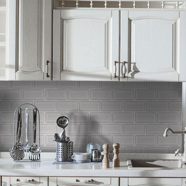 Jeffrey Court Weather Grey Bevel 3 In X 6 Subway Glossy Ceramic Wall Tile 11 Sq Ft Case 96498 The Home Depot - Grey Wall Tile Backsplash