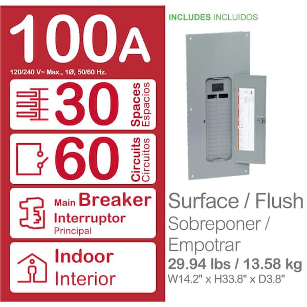 Homeline 100 Amp 30-Space 60-Circuit Indoor Main Breaker Plug-On Neutral Load Center with Cover(HOM3060M100PC)