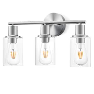 18 in. W 3-Light Vanity Lighting with Clear Glass Lampshade (Silver), E26, No Bulbs