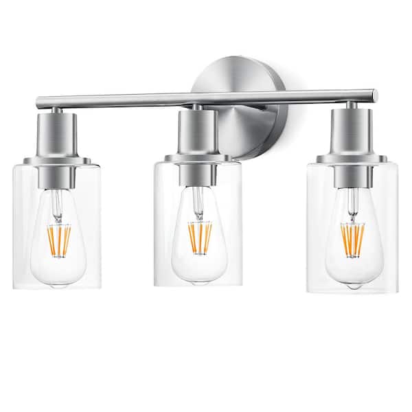Sunpez 18 in. W 3-Light Vanity Lighting with Clear Glass Lampshade (Silver), E26, No Bulbs