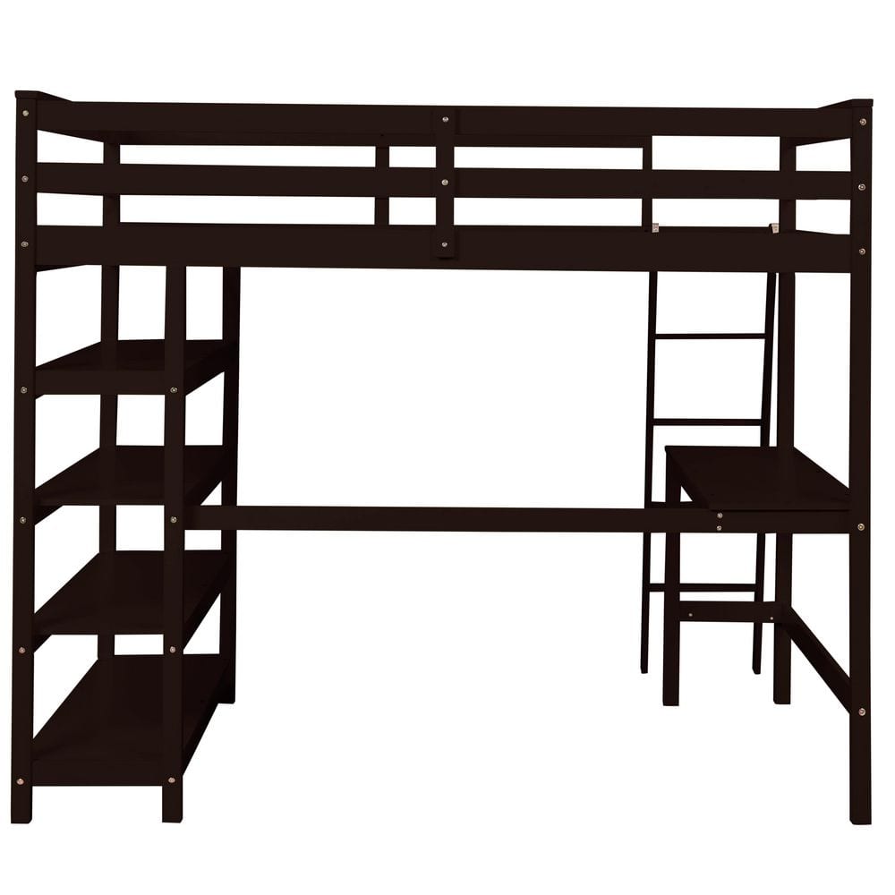 ANBAZAR Espresso Full Loft Bed with Bookshelves and Desk Sturdy Wooden