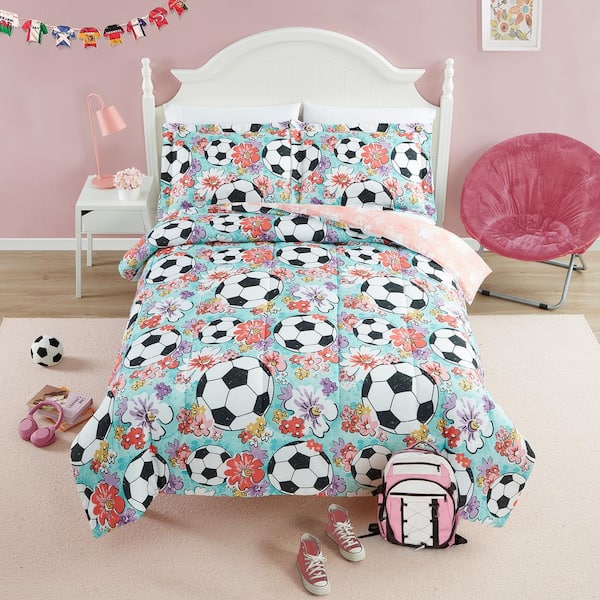 Unbranded Sports Illustrated Microfiber 3-Pcs Bedding Set, Twin/Full, Soccer Ball Floral Ditsy