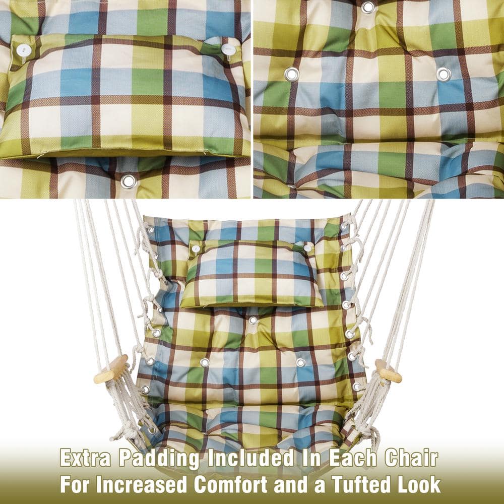 Extra Padded Green Plaid Hanging Chair with Wooden Armrests