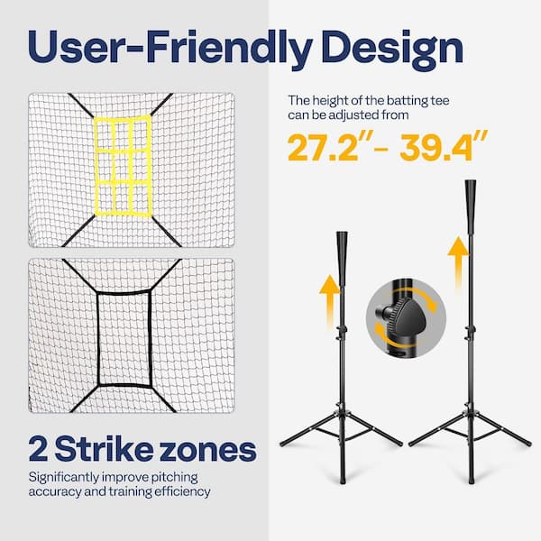 VIVOHOME 7 ft. x 7 ft. Baseball Softball Hitting Net with Strike Zone, Batting Tee, Carry Bag VH1473-BK