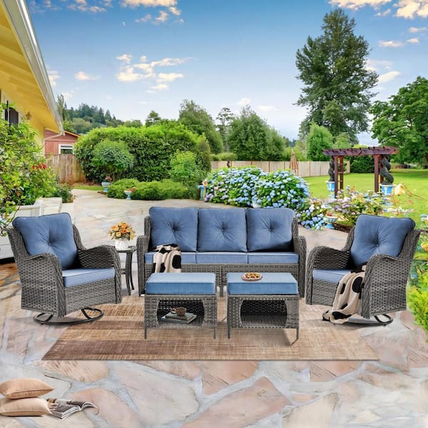 kuurfuurdo Gray 6-Piece Wicker Outdoor Patio Conversation Seating Sofa Set with Denim Blue Cushions and Swivel Rocking Chairs