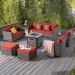 Mirage Gray 8-Piece Wicker Outdoor Patio Fire Pit Seating Sofa Set with Orange Red Cushions and Swivel Rocking Chairs