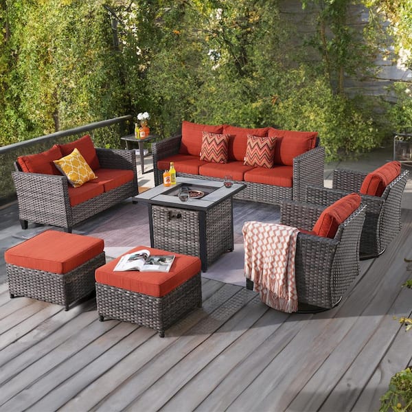 XIZZI Mirage Gray 8-Piece Wicker Outdoor Patio Fire Pit Seating Sofa Set with Orange Red Cushions and Swivel Rocking Chairs