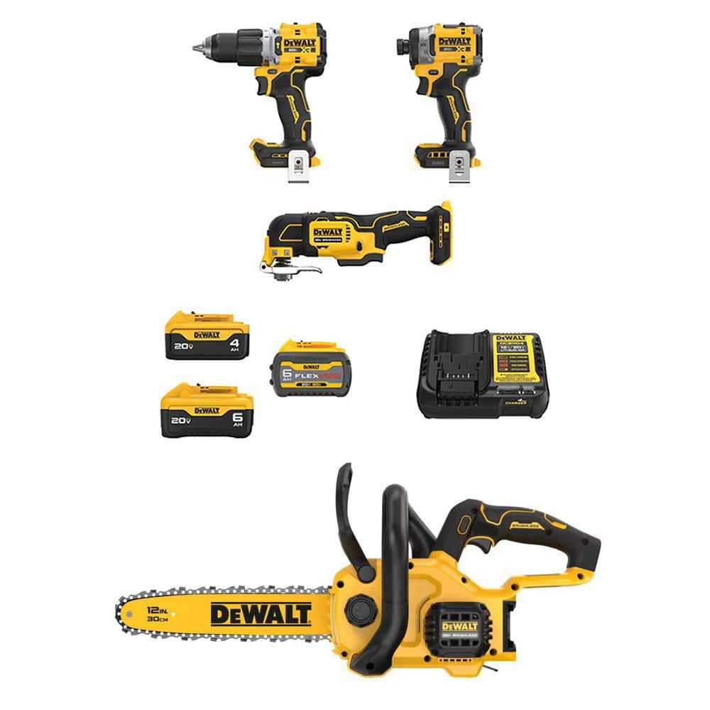 DEWALT 20V MAX Lithium-Ion Cordless Combo Kit (3-Tool) and 12 in. Chainsaw with FLEXVOLT 6Ah, 20V 6Ah & 4Ah Batteries & Charger (DCK316ST2M1W62B)
