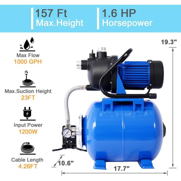 1.5HP Water Jet Pump – Shallow Well, Fountain, Lawn Booster System With Tank (110V)