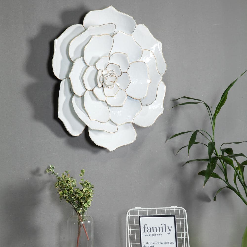 24-Inch White and Gold Iron Flower Wall Sculpture