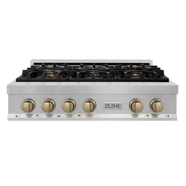 Autograph Edition 36 in. 6 Burner Front Control Gas Cooktop with Champagne Bronze Knobs in Stainless Steel