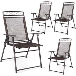 Brown Folding Metal Outdoor Dining Chairs with Steel Armrest (4-Pack)