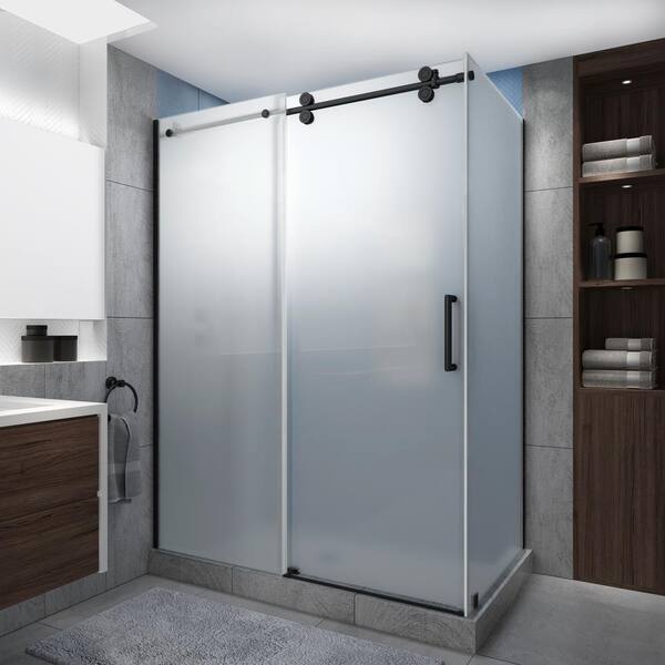 Aston Langham XL 48-52 in. x32 in. x80 in. Sliding Frameless Shower Enclosure Ultra-Bright Frosted Glass in Oil Rubbed Bronze