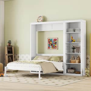 White Wood Frame Queen Size Murphy Bed, Wall Bed with 5-Layer Storage Shelves