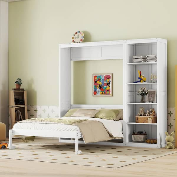 Harper & Bright Designs White Wood Frame Queen Size Murphy Bed, Wall Bed with 5-Layer Storage Shelves