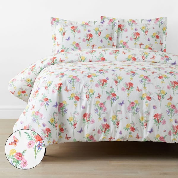 Company Kids White Multi Butterflies And Flowers Organic Cotton Percale Twin/Twin XL Duvet Cover Set