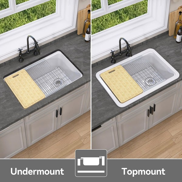 30 in. L x 19 in. W Drop-In/Undermount Single Bowl White Fireclay Rectangular Workstation Kitchen Sink with Accessories