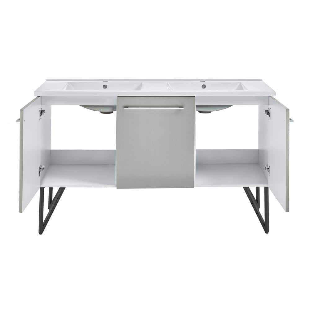 Annecy 60" Double Gray Freestanding Bathroom Vanity with Ceramic Top