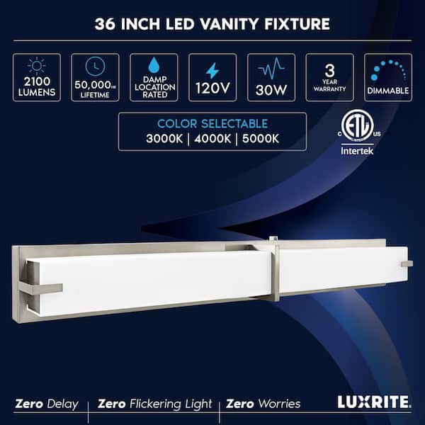36 in. Brushed Nickel Fixture 3 CCT Vanity 1-Light 30-Watt 2100 Lumens Dimmable Damp Rated ETL Listed
