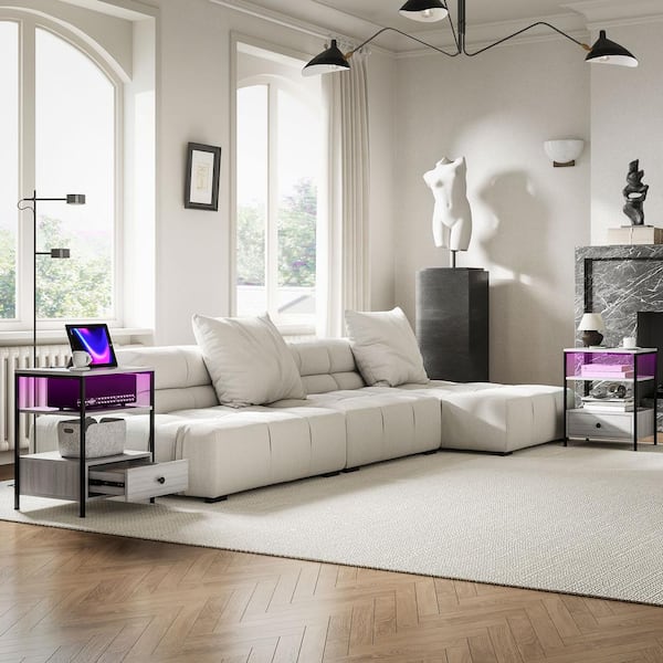 17.3 in. Square Particleboard Set of 2 End Tables with Charging Stations and LED Lights, USB Ports and Outlets, Gray