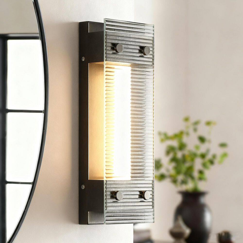 Pontevedra 4.7 in. 1-Light Brushed Gunmetal Gray Modern Industrial Rectangle LED Wall Sconce with Clear Striped Glass price history on PriceWatchPro