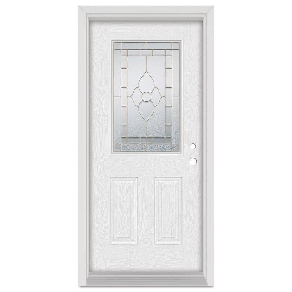 Stanley Doors 32 in. x 80 in. Neo-Deco Zinc Full Lite Painted White Left-Hand Inswing Steel Prehung Front Door, Prefinished White/Zinc Glass Caming