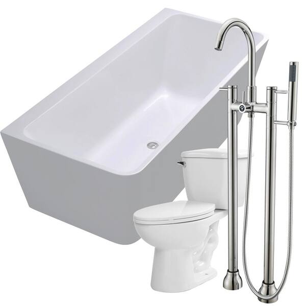 ANZZI Strait 67 in. Acrylic Flatbottom Non-Whirlpool Bathtub in White with Sol Faucet and Kame 1.28 GPF Toilet