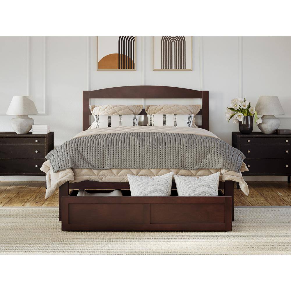 Warren Queen Walnut Wood Platform Bed with Foot Drawer
