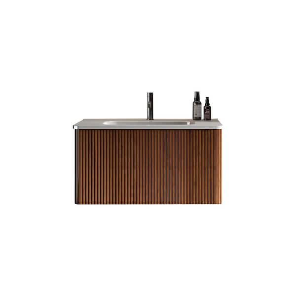 Unbranded ENYA 29.9 in. W x 18.3 in. D x 15.6 in. H Single Sink Floating Bath Vanity in Walnut with White Ceramic Top