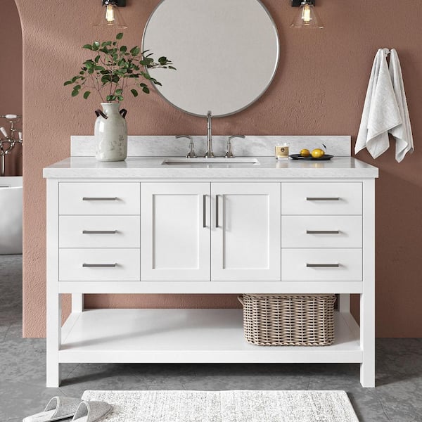 ARIEL Magnolia 54 in. Single Sink Freestanding Bathroom Vanity in White with Carrara White Marble Top