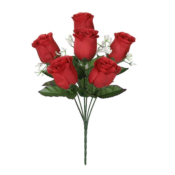 LIVING LUXURY 14 in. Red Artificial Rose Bud Flower Stem Bush Bouquet (Set of 12)